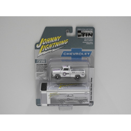 1:64 1965 Chevy Pickup "Crower Cams" (Custom Silver/White) - Johnny Lightning "Storage Tin"