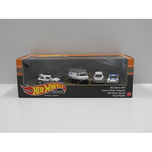 1:64 HW Rally Hauler, MG Metro 6R4, Lancia Delta Integrale & Ford RS200 - Hot Wheels Premium Box Set