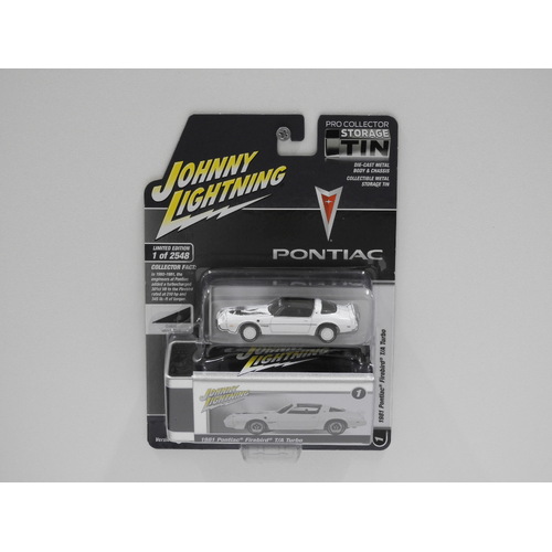 1:64 1981 Pontiac Firebird T/A Turbo (Custom White/Black) - Johnny Lightning "Storage Tin"